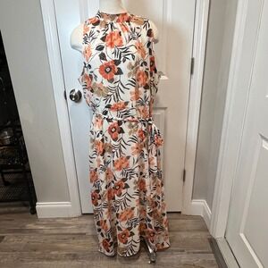 Anne Klein Floral Print Sleeveless Mock Neck Maxi Dress Belted Orange White